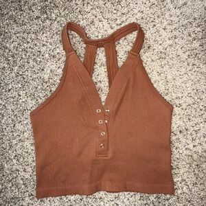 ODODOS Ribbed Crop Tank XS Rust Brown Snap Front Strappy Back Yoga